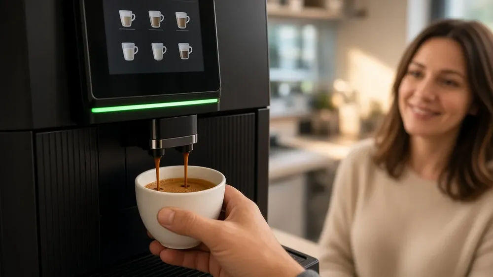 Fresh espresso pouring from a Beancraft touchscreen bean-to-cup machine into a white cup held under the spout
