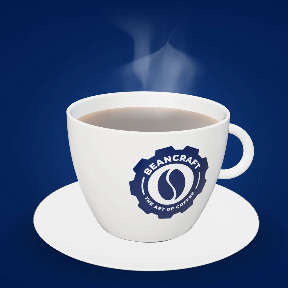 Steaming coffee in a white Beancraft cup and saucer against a deep navy background