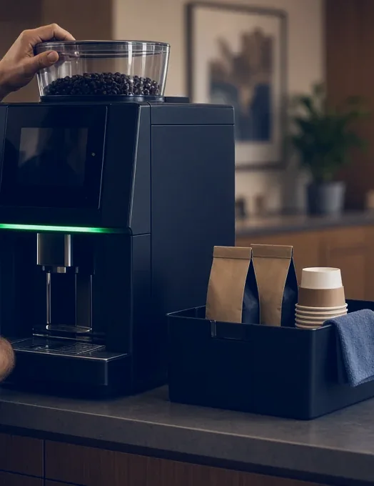 Technician's hand refilling the bean hopper of a bean-to-cup coffee machine in an office break room, with coffee supplies on the counter