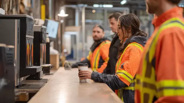 Commercial bean-to-cup coffee machine in an Alberta industrial workplace breakroom during shift change.