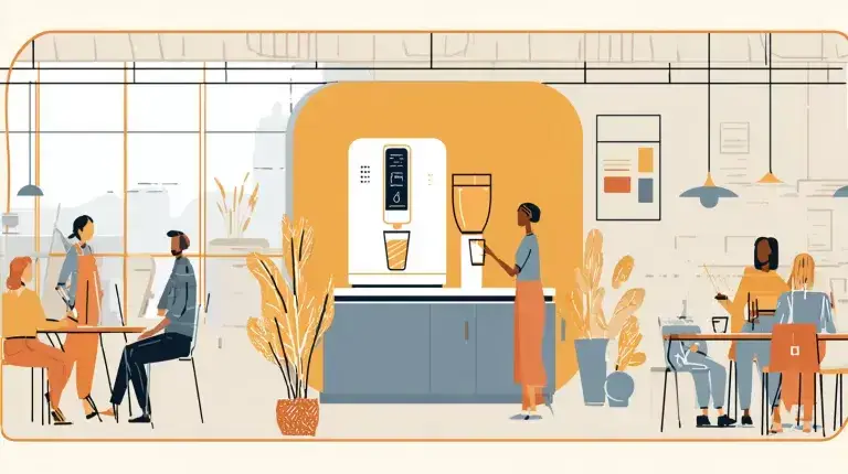 Illustration of employees using a bean-to-cup coffee machine in a modern Alberta office.