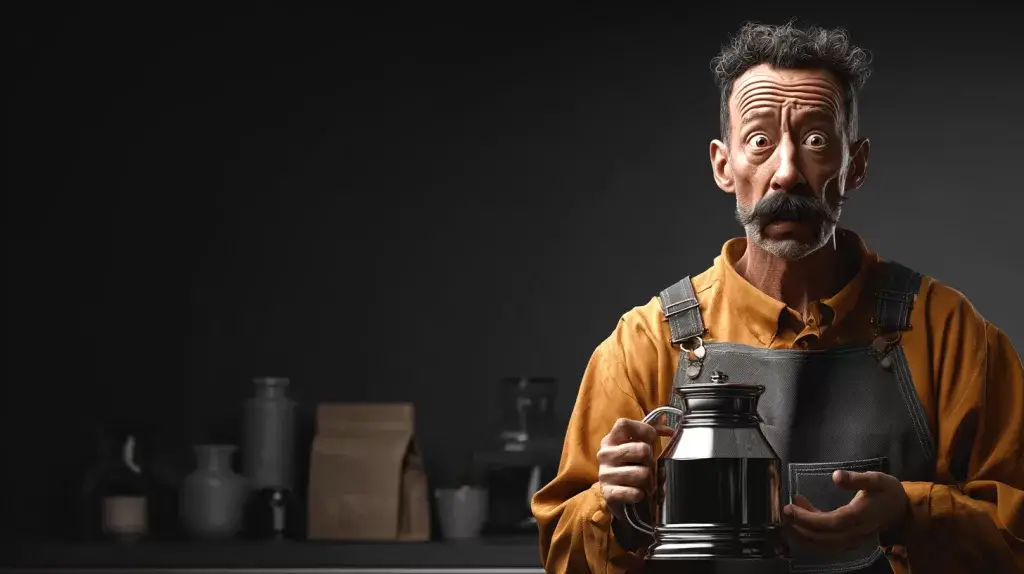 Employee looking disappointed while pouring burnt drip coffee from an outdated office coffee machine.
