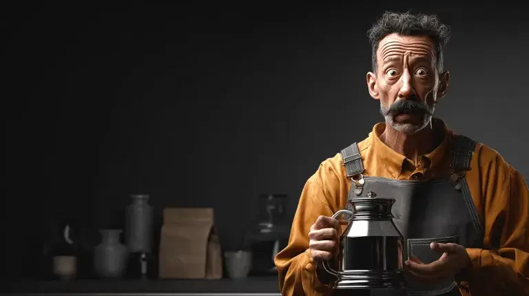 Employee looking disappointed while pouring burnt drip coffee from an outdated office coffee machine.