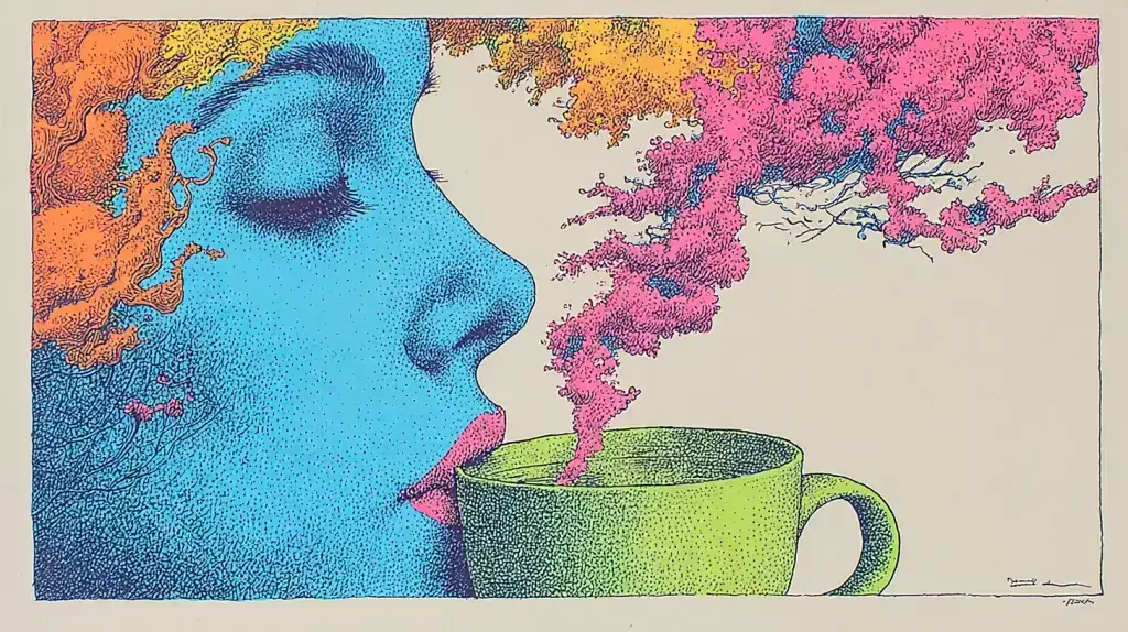 Colorful illustration of a person inhaling the aroma of fresh coffee, symbolizing the psychological impact of coffee at work.