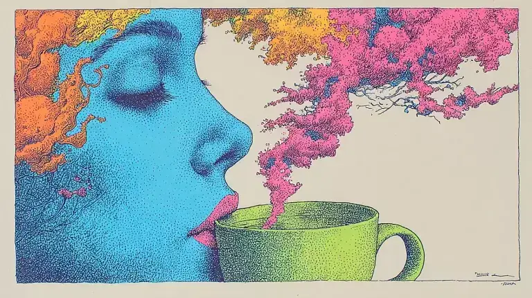 Colorful illustration of a person inhaling the aroma of fresh coffee, symbolizing the psychological impact of coffee at work.