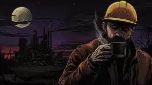 Industrial worker on night shift drinking fresh coffee at a refinery, highlighting the need for reliable workplace coffee.