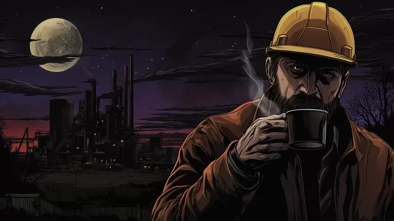 Industrial worker on night shift drinking fresh coffee at a refinery, highlighting the need for reliable workplace coffee.