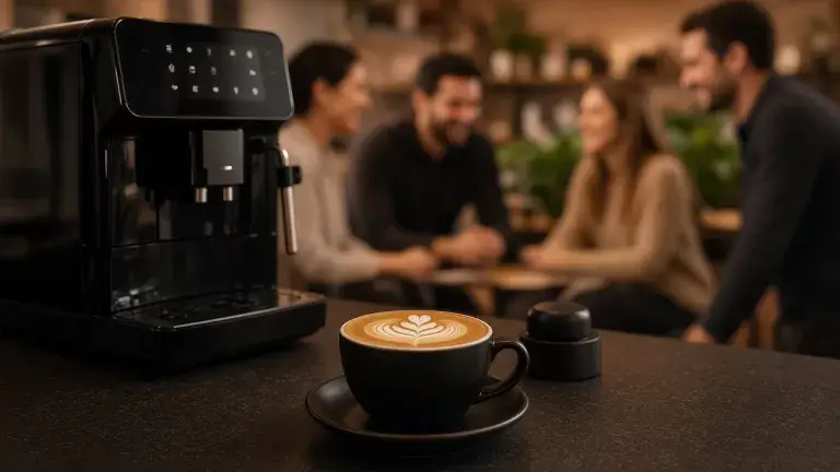 Beancraft Touch bean-to-cup machine and fresh latte in an office lounge with coworkers chatting