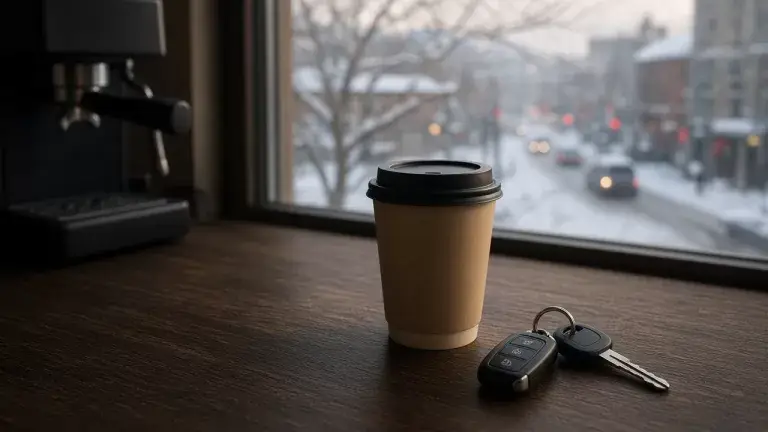 Takeout coffee cup and car keys on a café counter, representing the daily coffee run