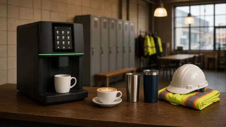 Beancraft touchscreen coffee machine with a latte, travel tumblers and a hard hat in an Edmonton industrial break room